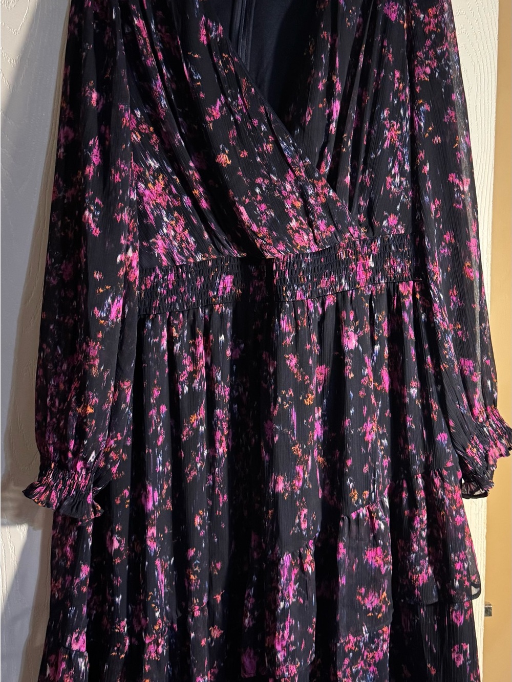 DKNY Black Long Sleeve Floral Surplice Dress with Pink Accents